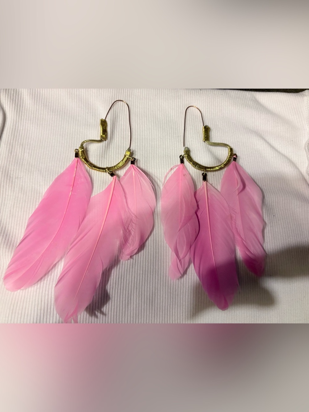 Gold Hoop Pink Feather Drop Earrings - Women's Jewelry